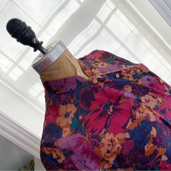 Vintage Mandarin Style Floral Print Blouse Pink Size Small - Picture 3 of 12